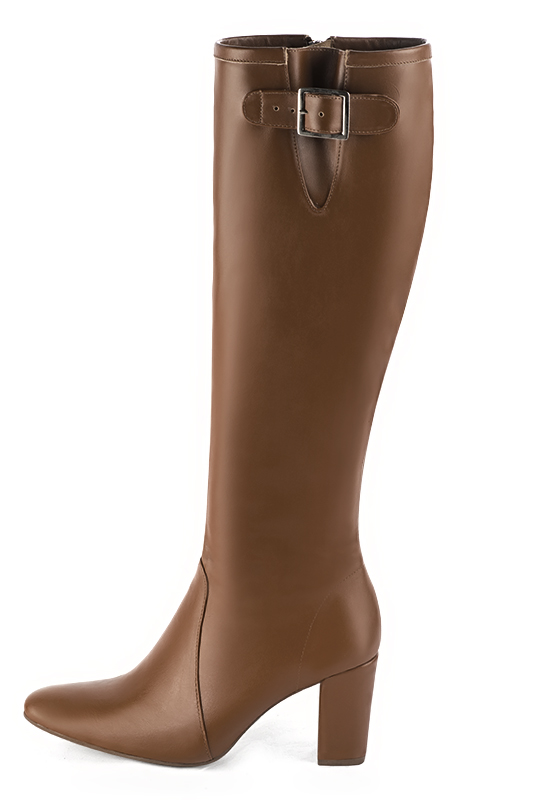 Caramel brown women's knee-high boots with buckles. Round toe. High block heels. Made to measure. Profile view - Florence KOOIJMAN